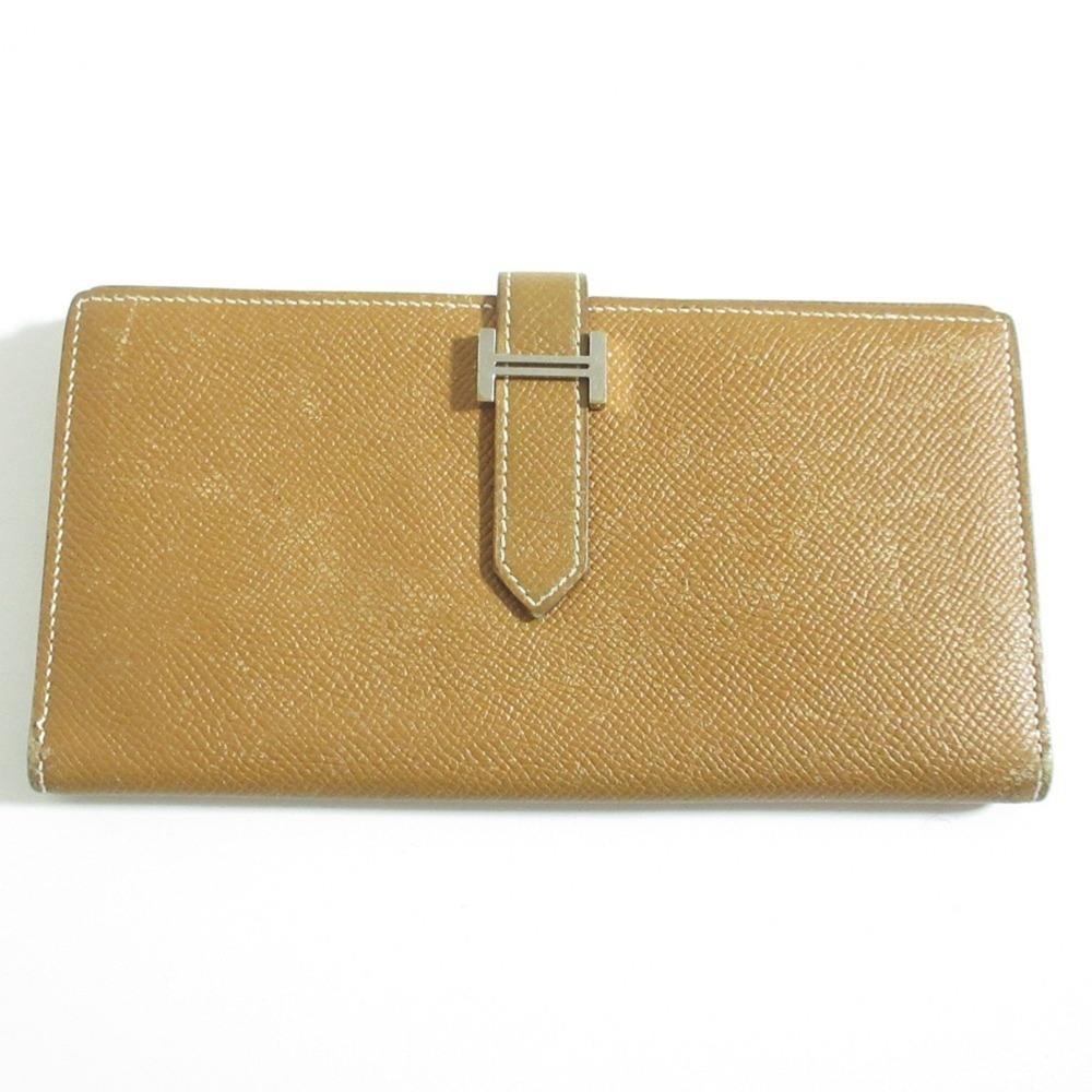 HERMES Bearn Soufflet Veau Epsom Leather Long Wallet, Bi-fold Gold Color, T S...